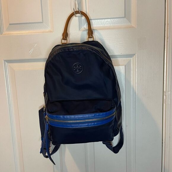Tory Burch Perry Navy Blue Nylon small backpack royal blue leather trim . - Picture 8 of 16